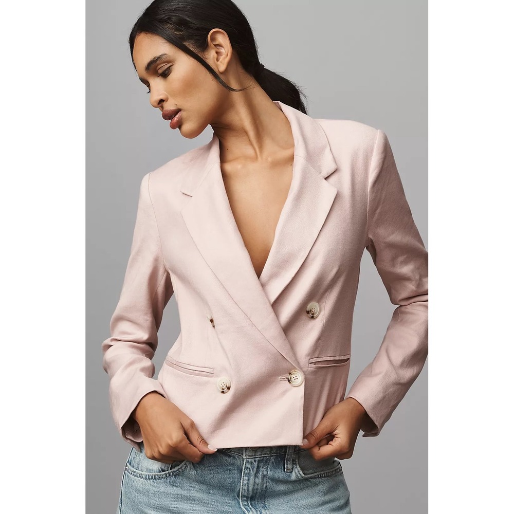 NWT Maeve Anthropologie Linen Slim Blazer S Pink Double Breasted Cropped Corp